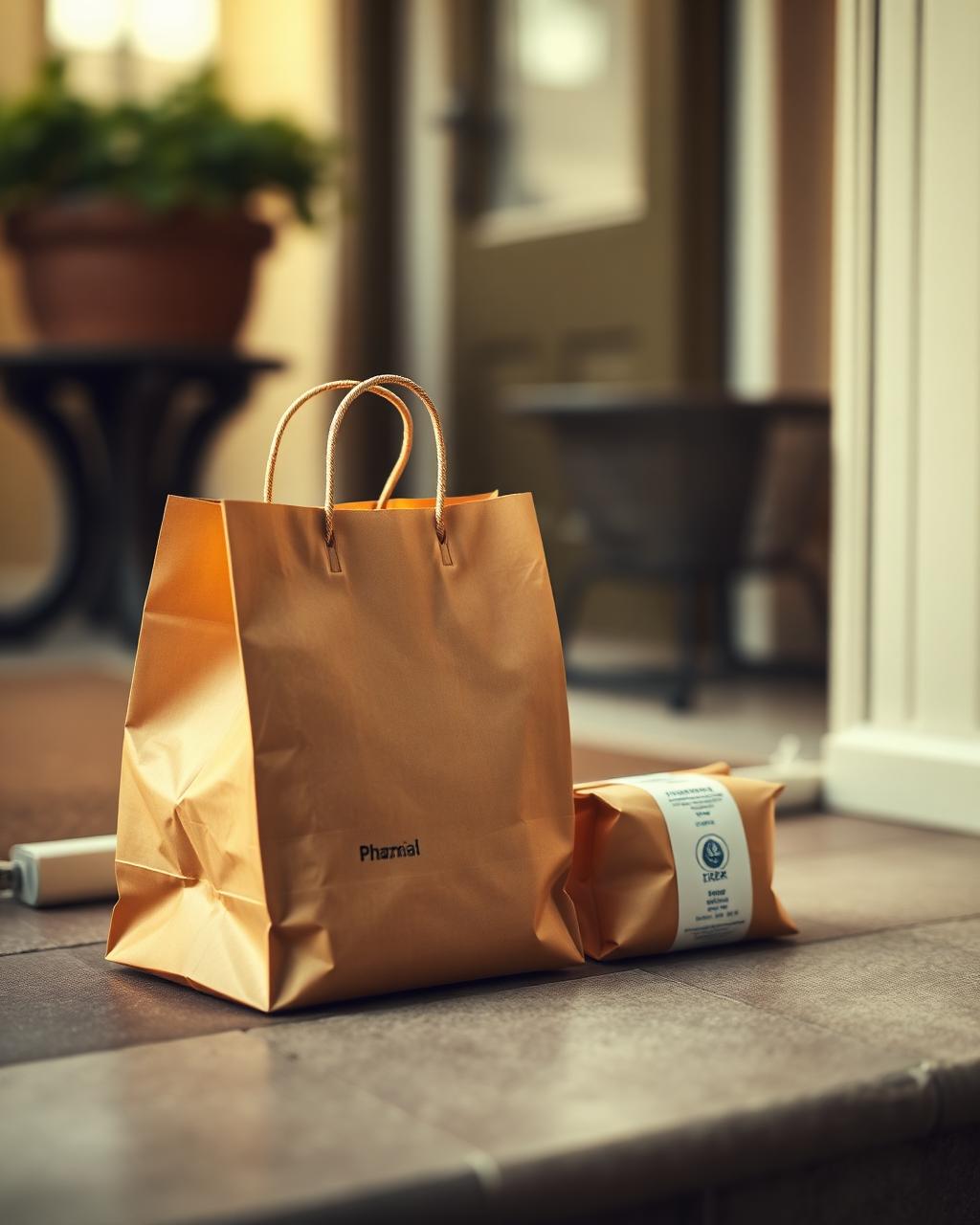 A plain pharmacy bag and parcel on a home doorstep