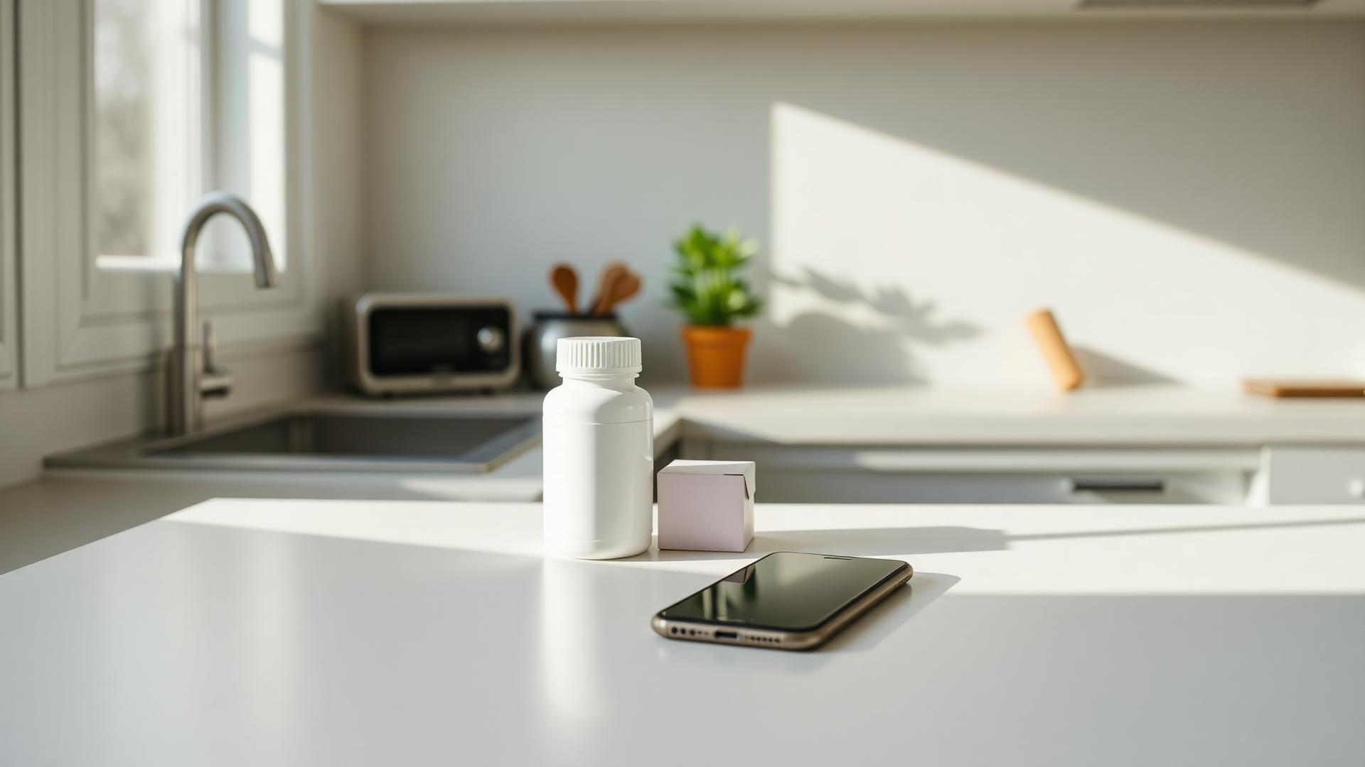 A medication bottle, small lab kit and phone on a sunlit kitchen counter