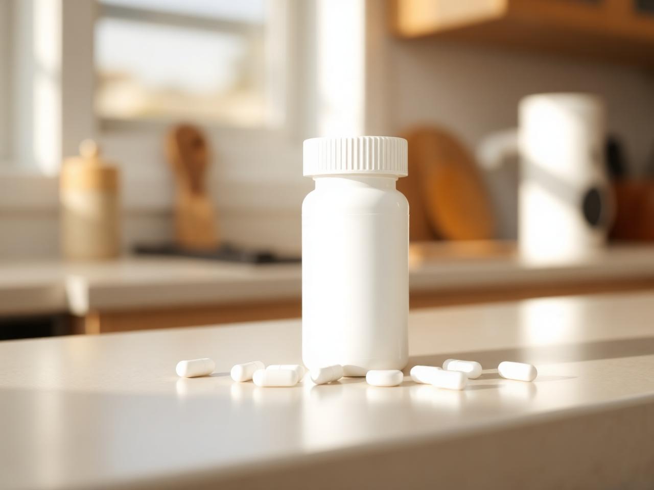 A plain white prescription bottle on a sunlit kitchen counter