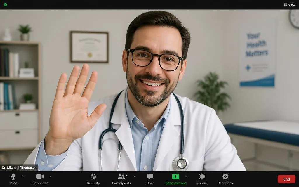 Licensed provider waving during a telehealth video visit