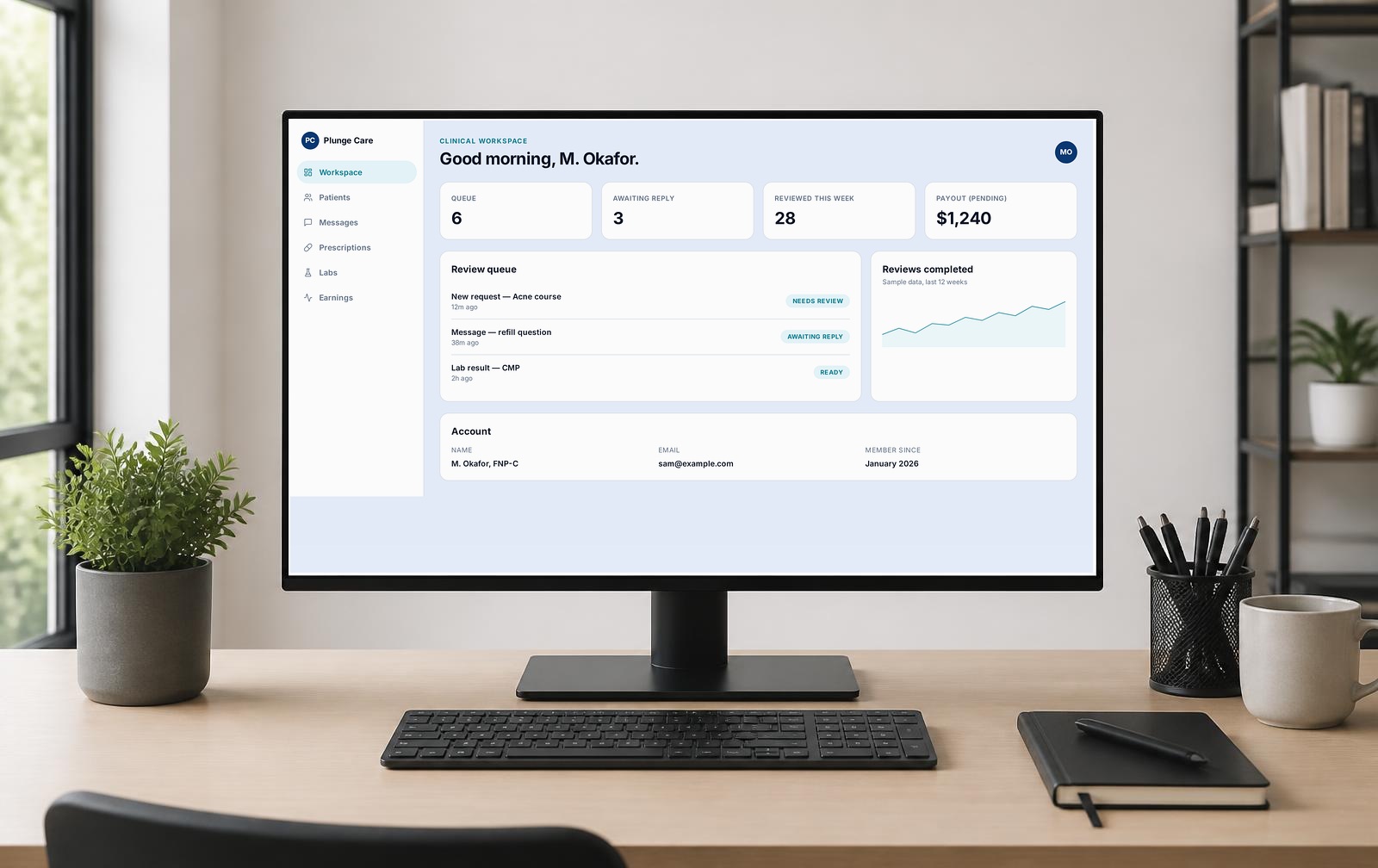 A desktop monitor in a home office showing a demo screenshot of the Plunge Care clinical workspace