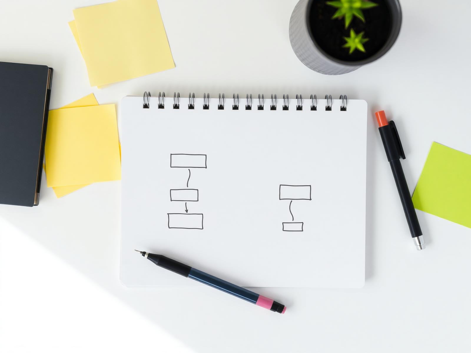 A notepad sketch of the care request flow beside sticky notes and a pen