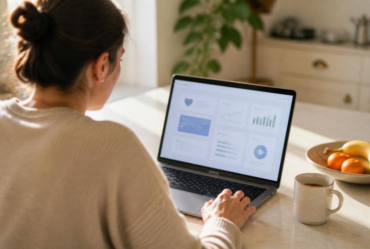 A patient browsing her Plunge Care dashboard from her kitchen