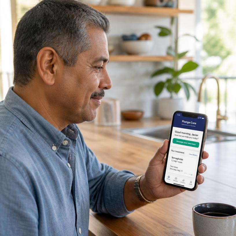 Adult checking diabetes medication refill on the Plunge Care telehealth platform