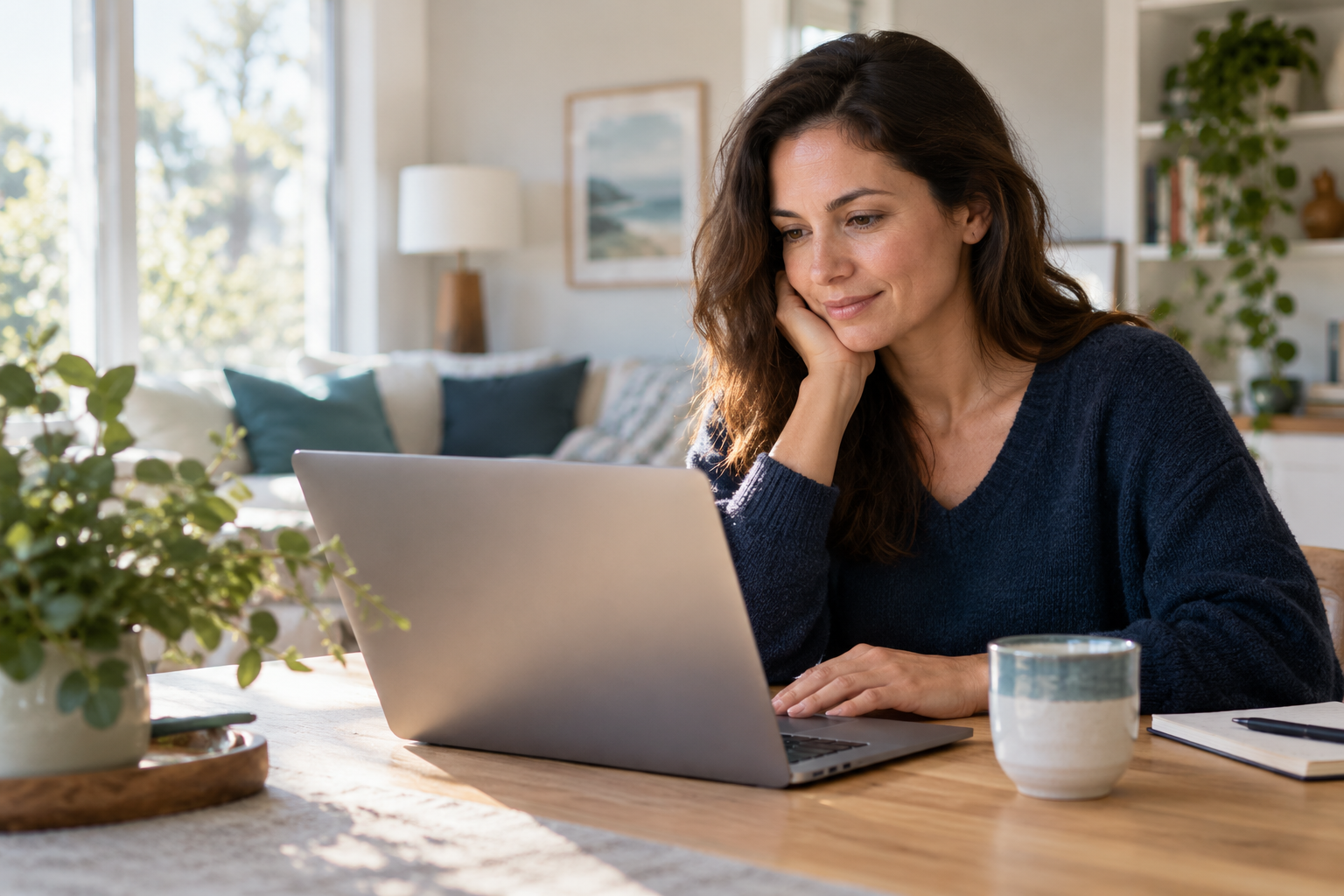Illustration of an adult starting an online request from her laptop at home